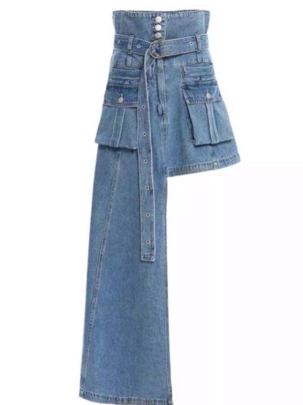 Asymmetric High-Waist Cargo Denim Skirt - Blue